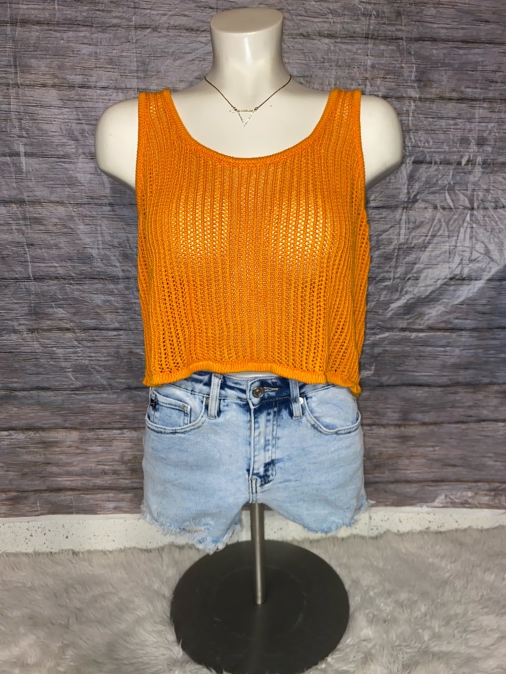 A New Day Bright Orange Open-Knit Crop Tank